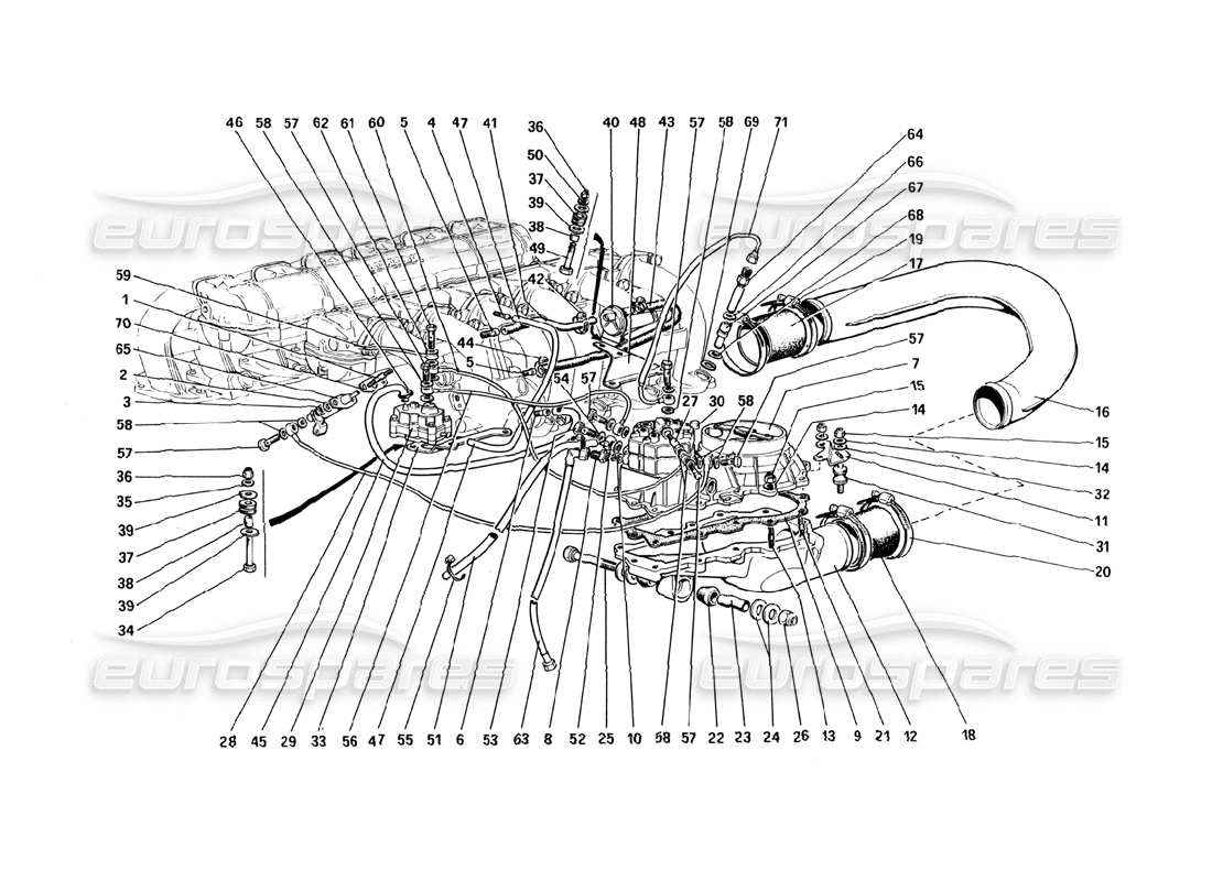 ferrari 512 bbi sistema de inyección de combustible: distribuidores de combustible, diagrama de piezas de líneas