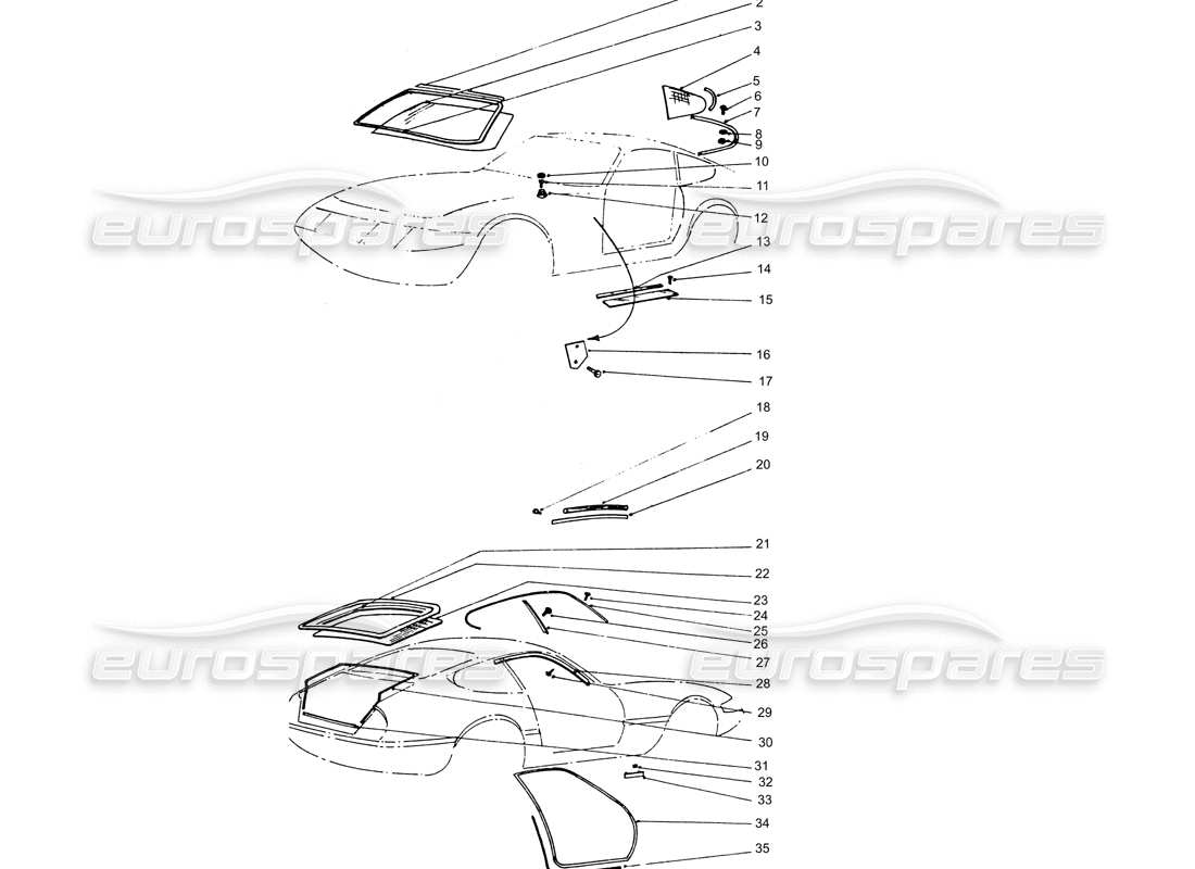 ferrari 365 gtb4 daytona (coachwork) diagrama de piezas de sellos de vidrio y caucho