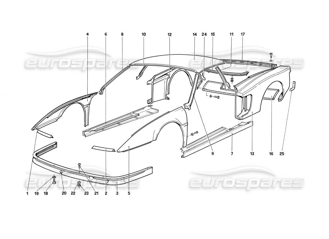 ferrari testarossa (1990) cuerpo - componentes externos diagrama de piezas