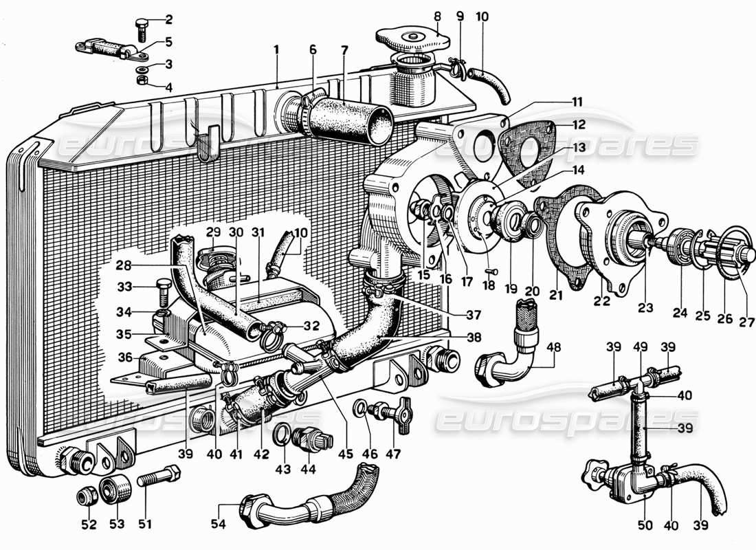 ferrari 365 gt 2+2 (mechanical) diagrama de piezas del radiador y la bomba de agua