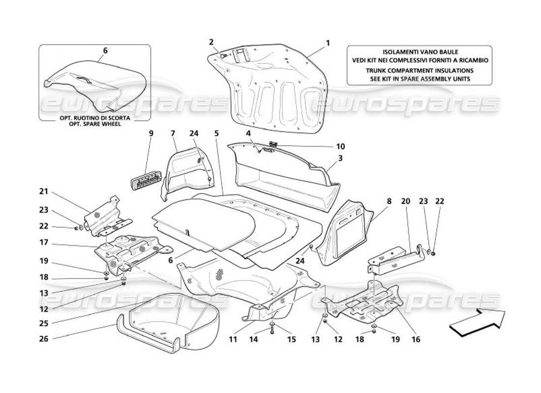 maserati 4200 spyder (2005) embellecedores del compartimento del capó del maletero: diagrama de piezas de protección contra la salud y entrada de aire