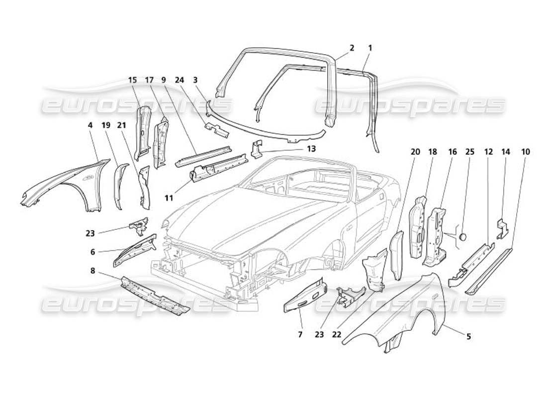 maserati 4200 spyder (2005) carrocería - diagrama de piezas de embellecedores exteriores delanteros