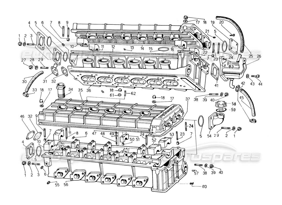 lamborghini countach 5000 qvi (1989) diagrama de piezas de culatas