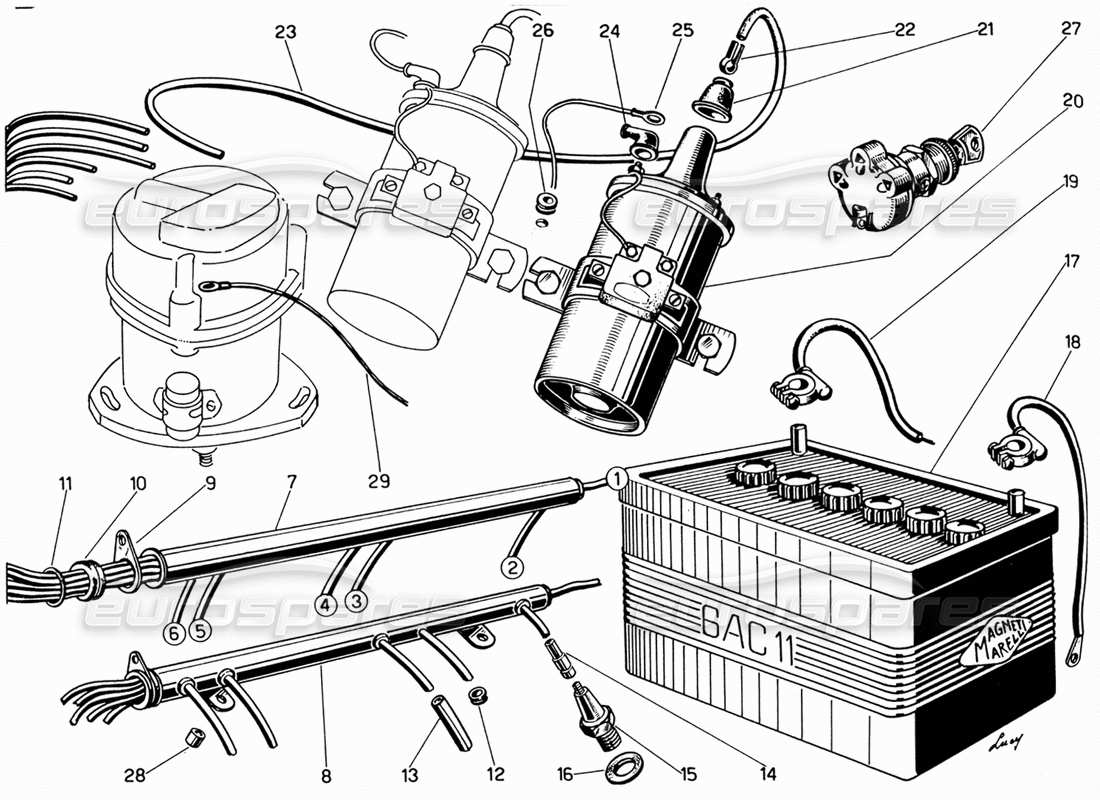 ferrari 330 gt 2+2 cableado: bobinas de encendido y diagrama de piezas de la batería
