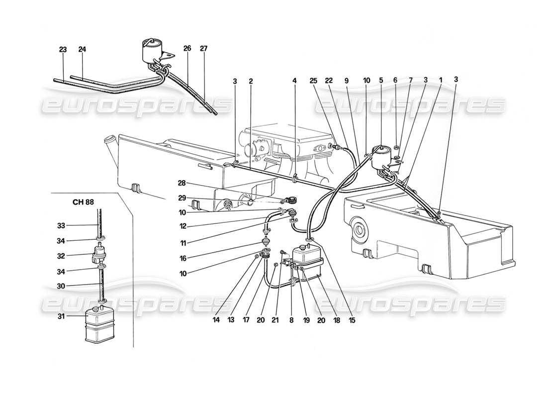 ferrari mondial 3.2 qv (1987) diagrama de piezas del sistema de control de emisiones antievaporativo (para versiones de ee. uu. y sa)