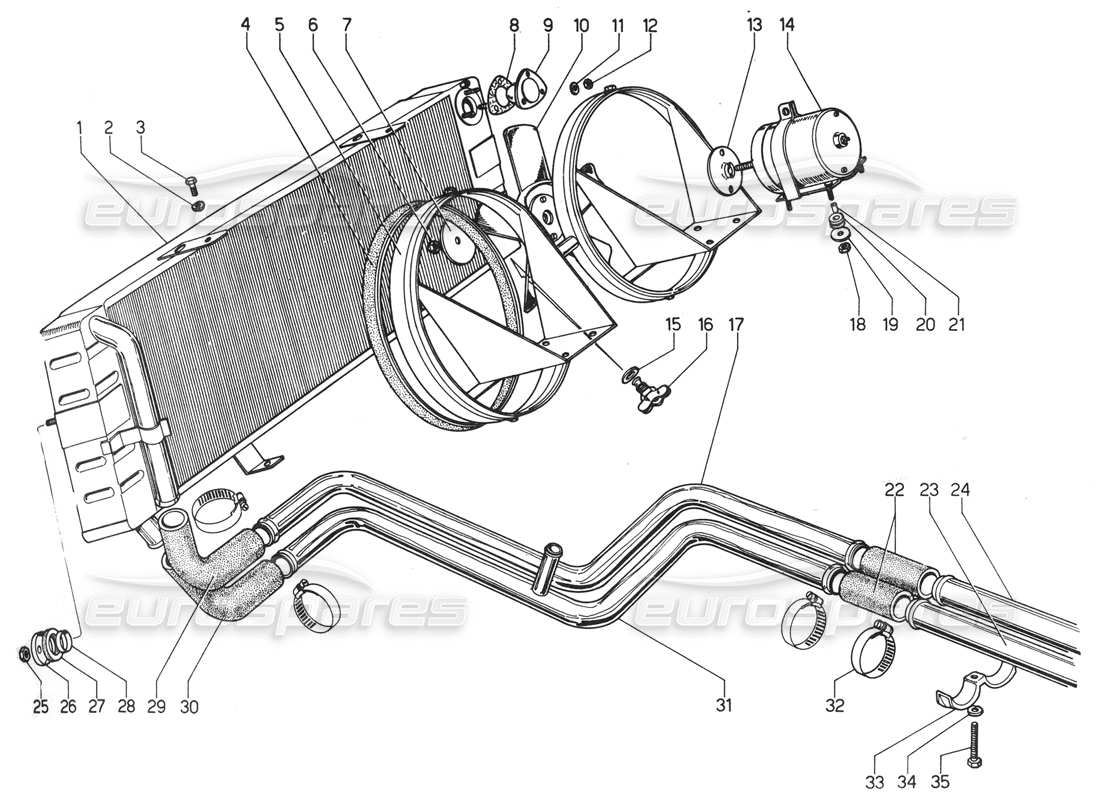 lamborghini urraco p300 diagrama de piezas del sistema de refrigeración y radiador