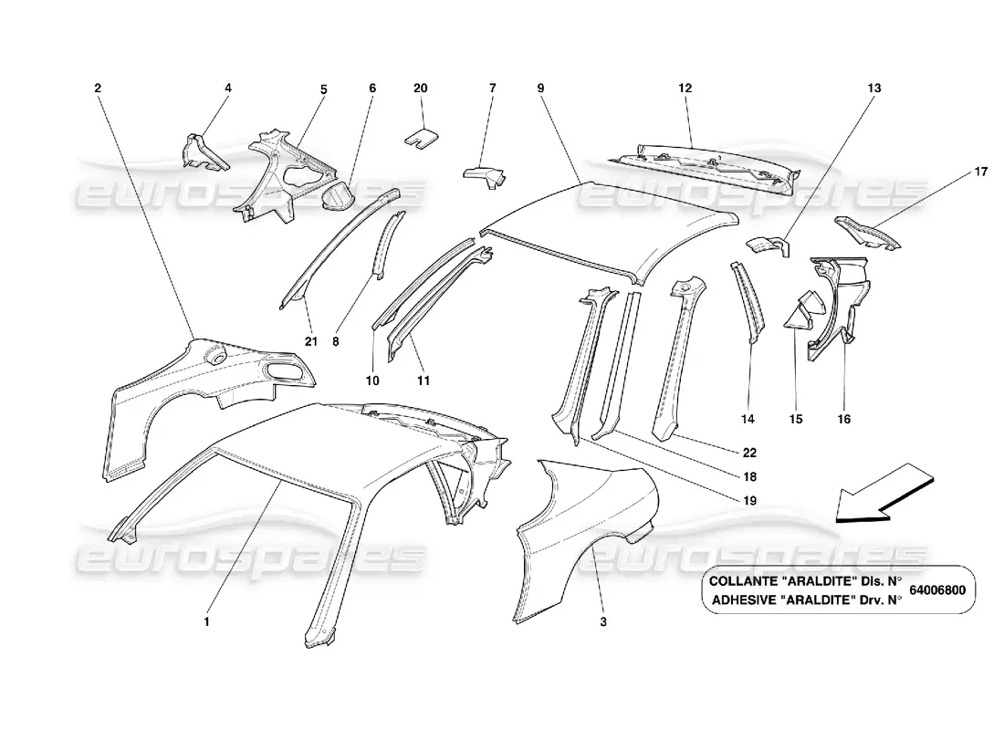 ferrari 456 m gt/m gta estructuras y componentes de paneles de techo diagrama de piezas