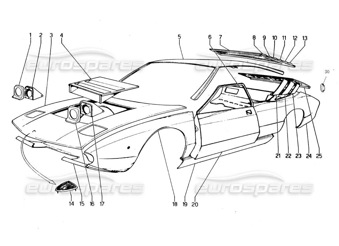 lamborghini urraco p250 / p250s componentes de la cubierta exterior diagrama de piezas