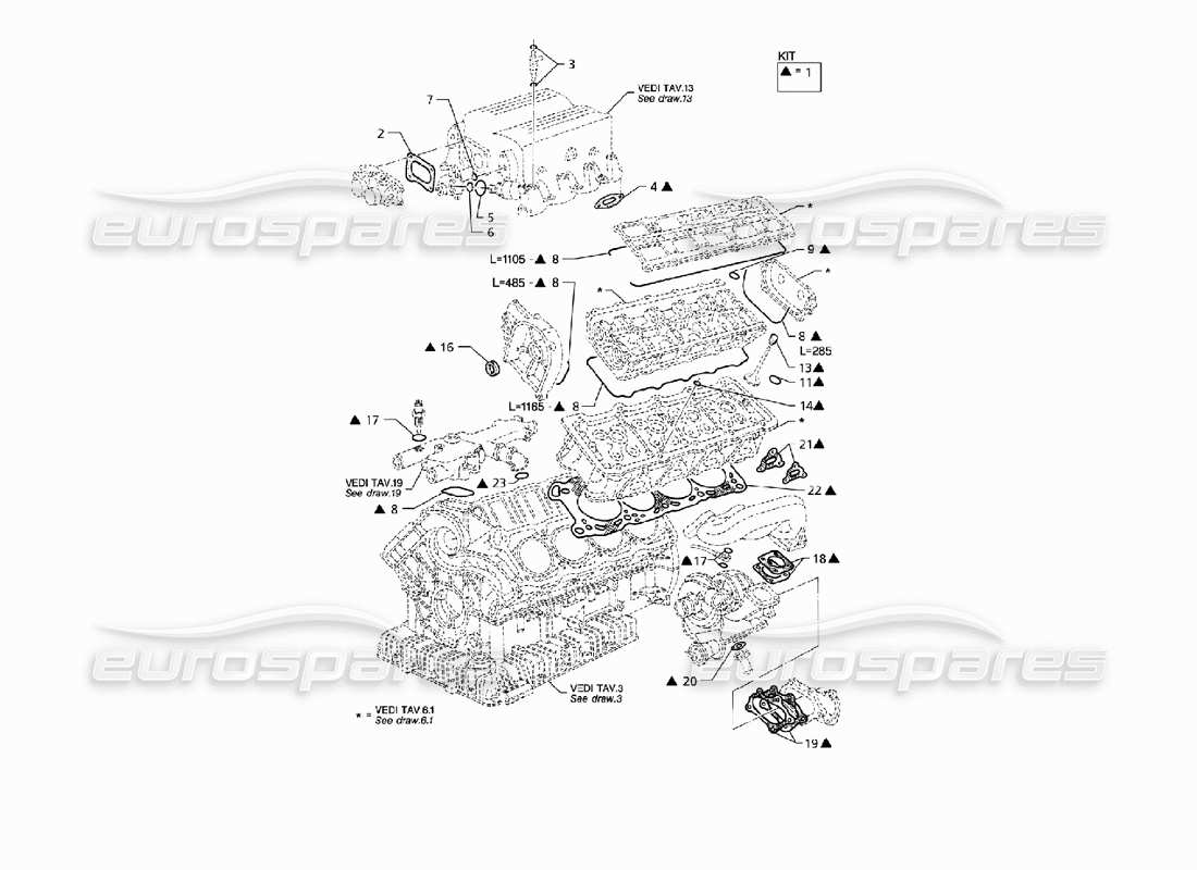 maserati qtp v8 (1998) diagrama de piezas de revisión de juntas y sellos para cabezales
