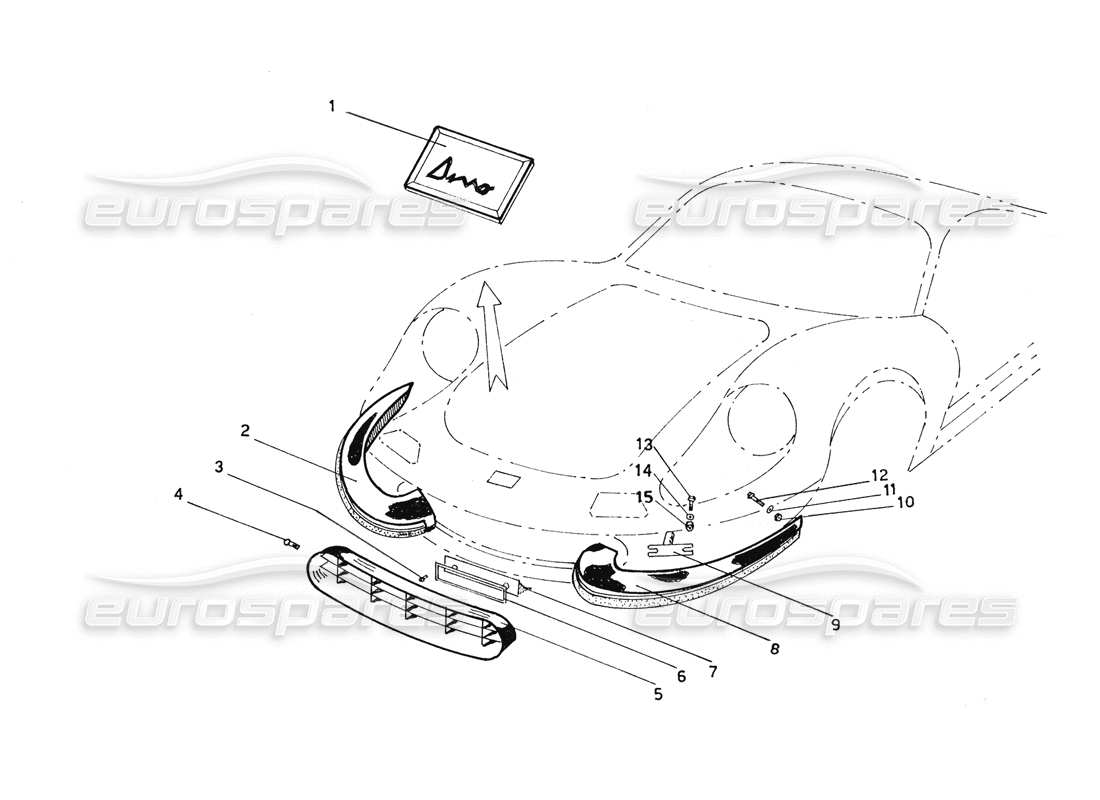 ferrari 206 gt dino (coachwork) diagrama de piezas de parachoques delanteros, parrillas y fijaciones