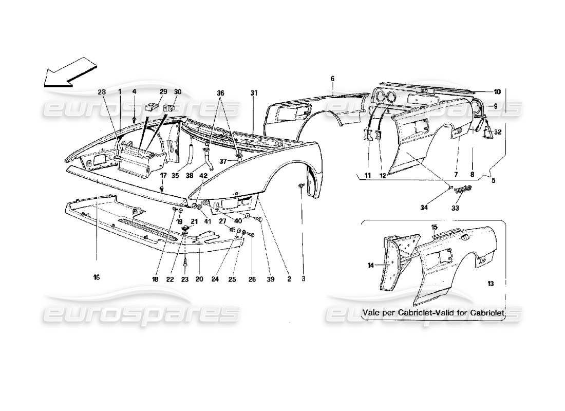 ferrari mondial 3.4 t coupe/cabrio carrocería: elementos exteriores - parte delantera y trasera diagrama de piezas
