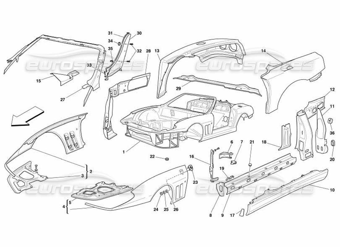 ferrari 550 barchetta carrocería - diagrama de piezas de adornos exteriores