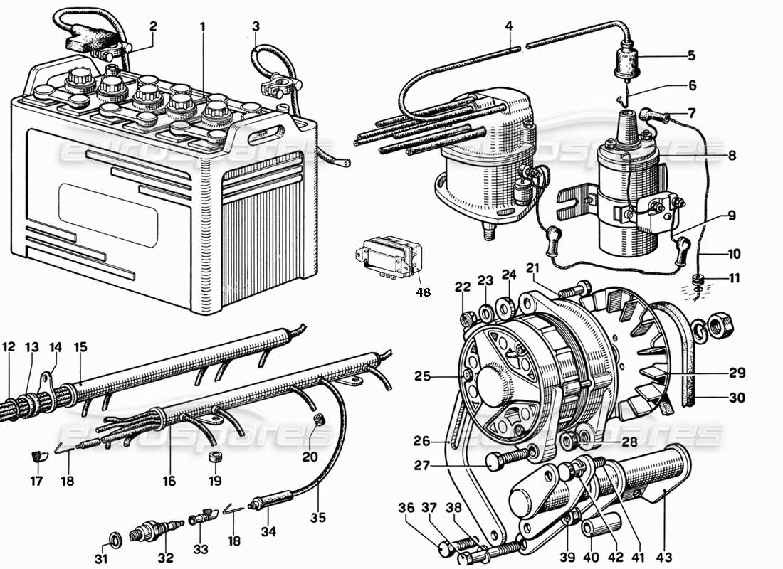 ferrari 365 gt 2+2 (mechanical) diagrama de piezas de la mesa del generador y la batería