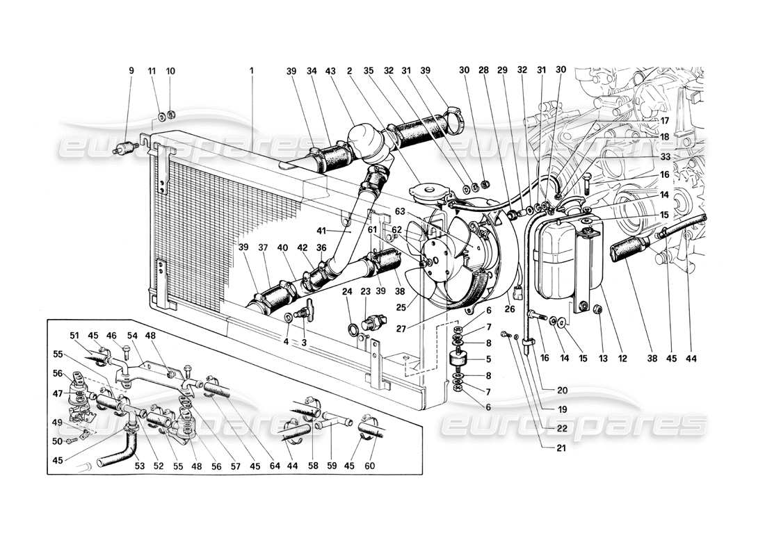 ferrari 400i (1983 mechanical) diagrama de piezas del sistema de refrigeración