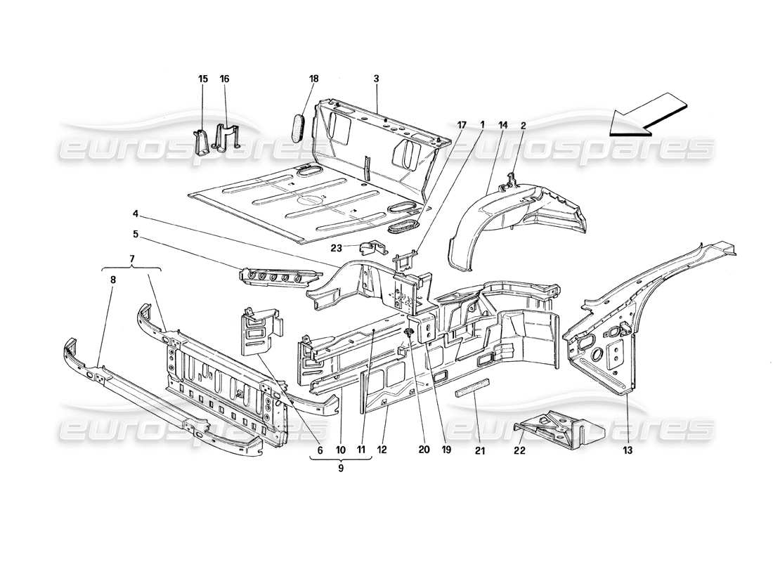 ferrari 348 (1993) tb / ts diagrama de piezas de estructuras de la parte frontal