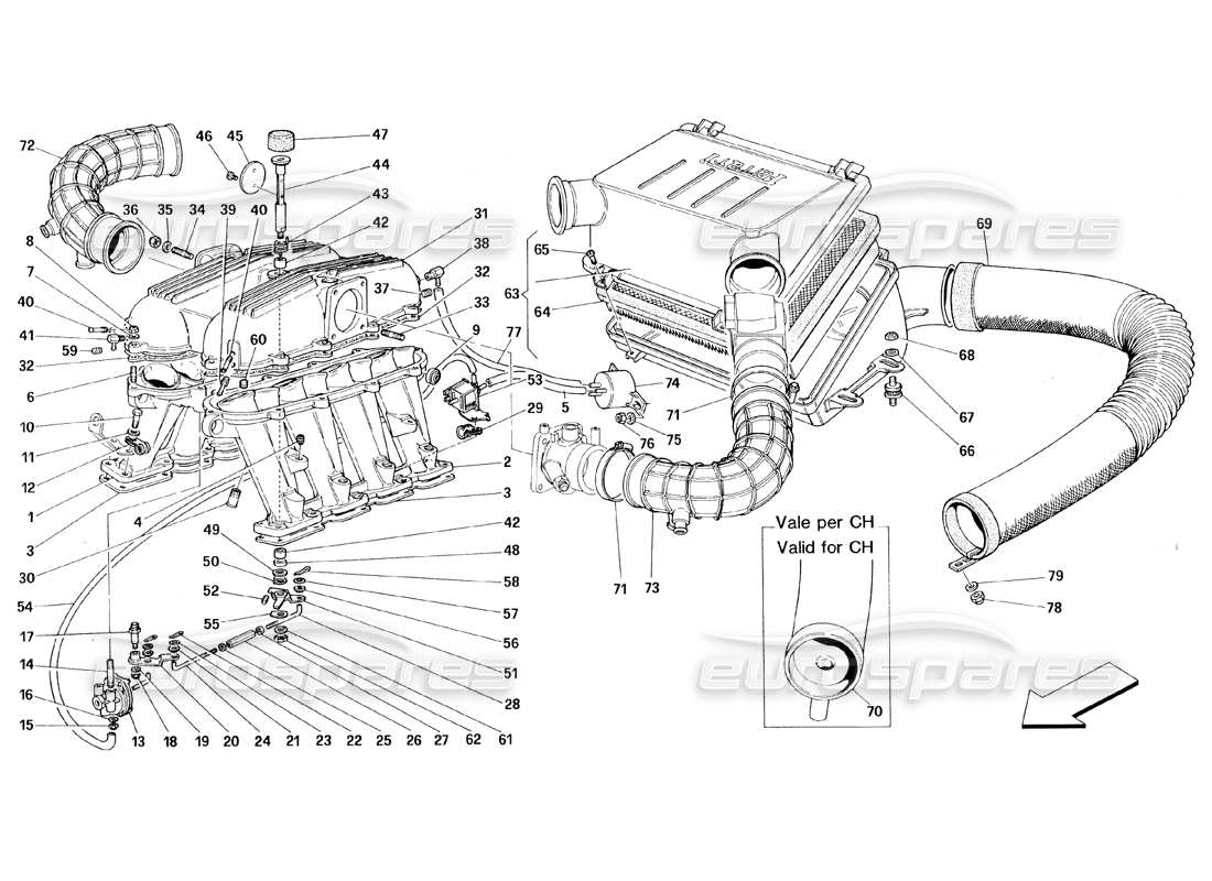 ferrari 348 (1993) tb / ts diagrama de piezas de colectores y admisión de aire