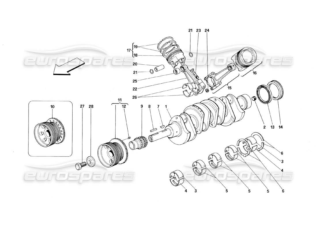 ferrari 348 (1993) tb / ts diagrama de piezas del cigüeñal, bielas y pistones