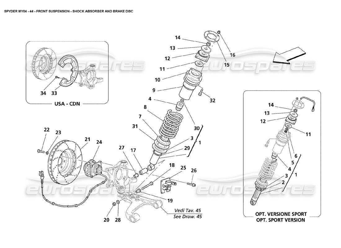 maserati 4200 spyder (2004) diagrama de piezas del disco de freno y amortiguador de suspensión delantera