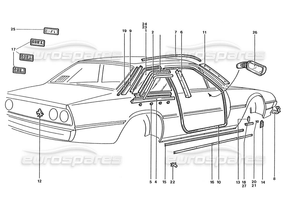 ferrari 400 gt / 400i (coachwork) retrovisores exteriores: insignias y acabados exteriores diagrama de piezas