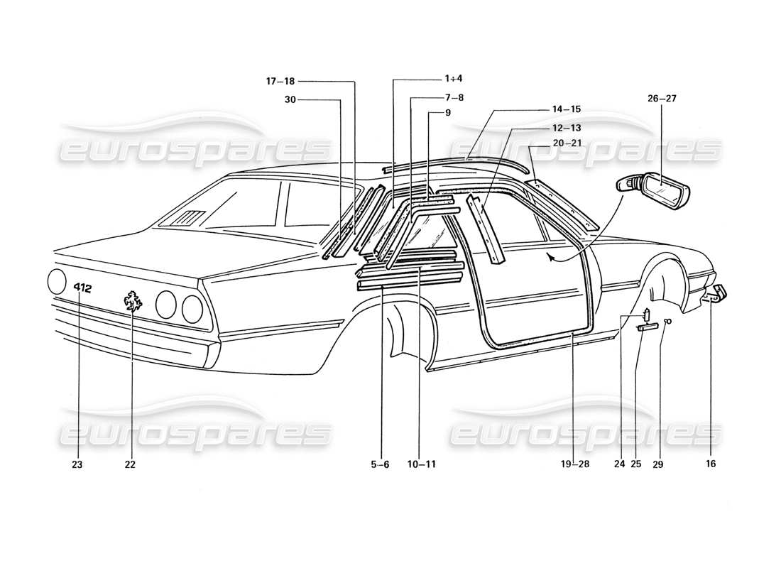 ferrari 412 (coachwork) adornos e insignias de acabado externo diagrama de piezas