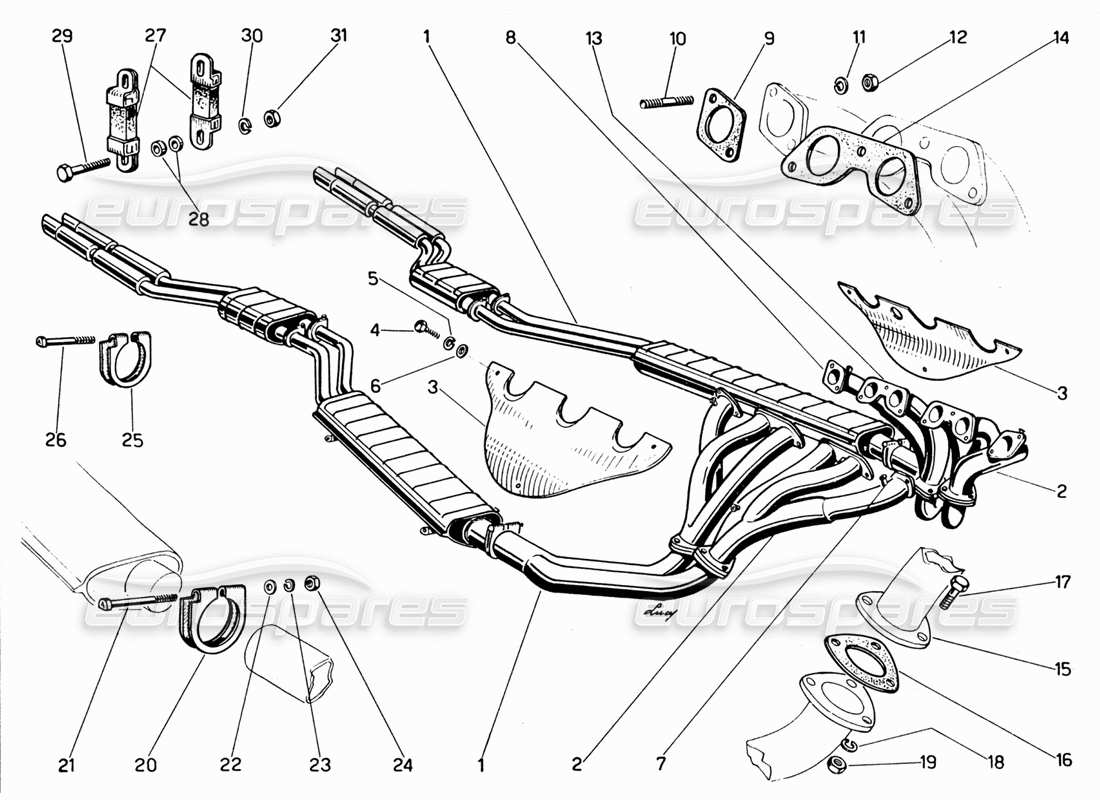 ferrari 330 gt 2+2 diagrama de piezas de colectores de escape, silenciadores y extensiones