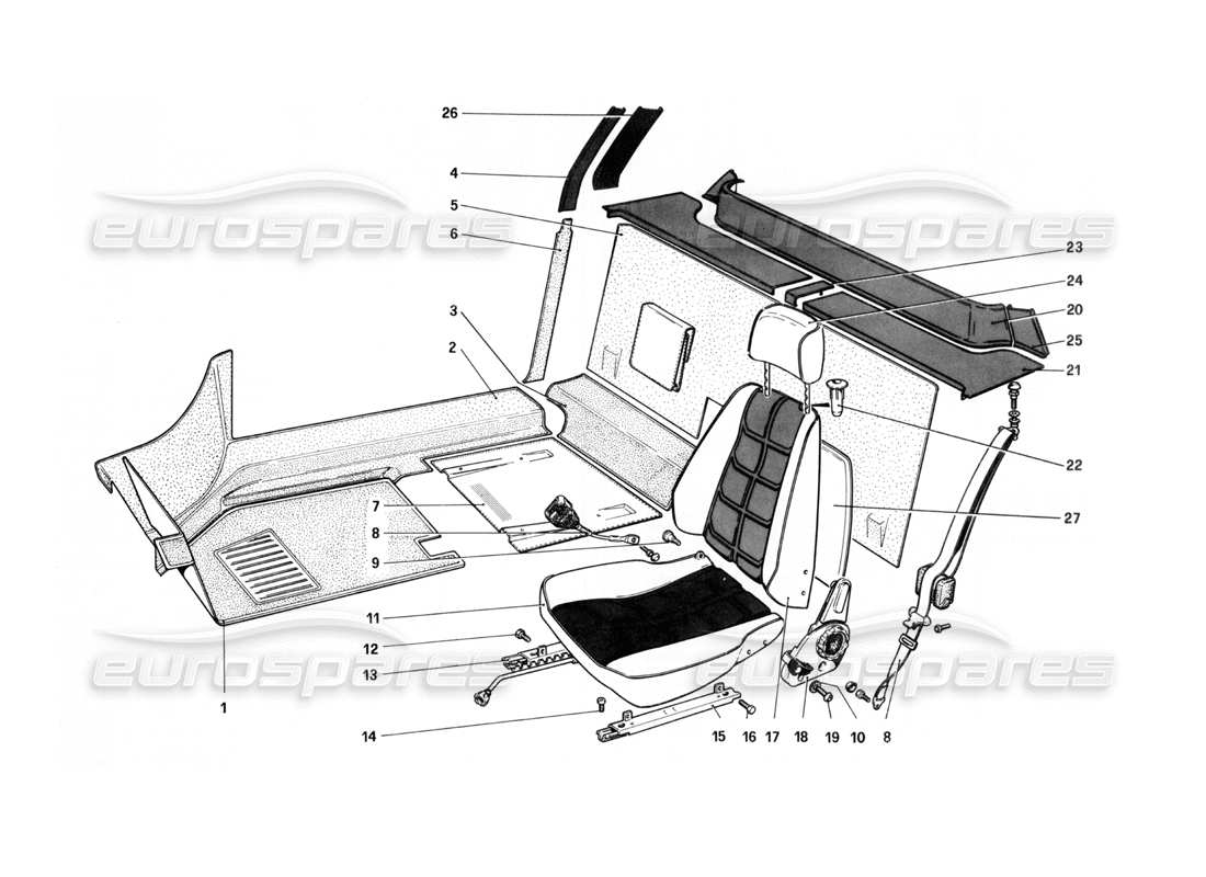 ferrari 208 turbo (1982) diagrama de piezas de molduras interiores, accesorios y asientos