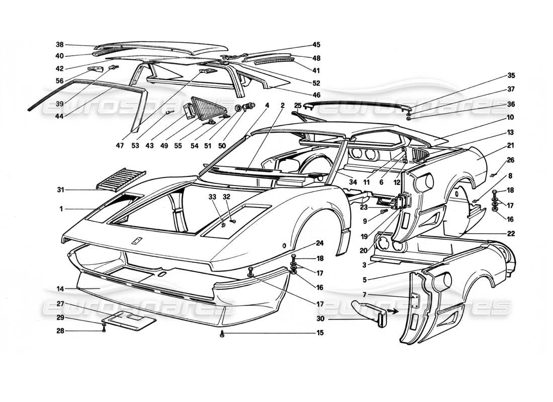 ferrari 208 turbo (1982) carrocería - diagrama de piezas de elementos exteriores