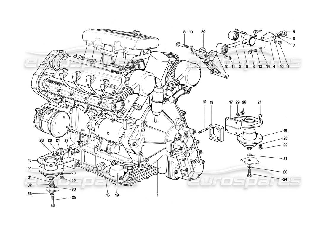 ferrari 208 turbo (1982) motor - diagrama de piezas de caja de cambios y soportes