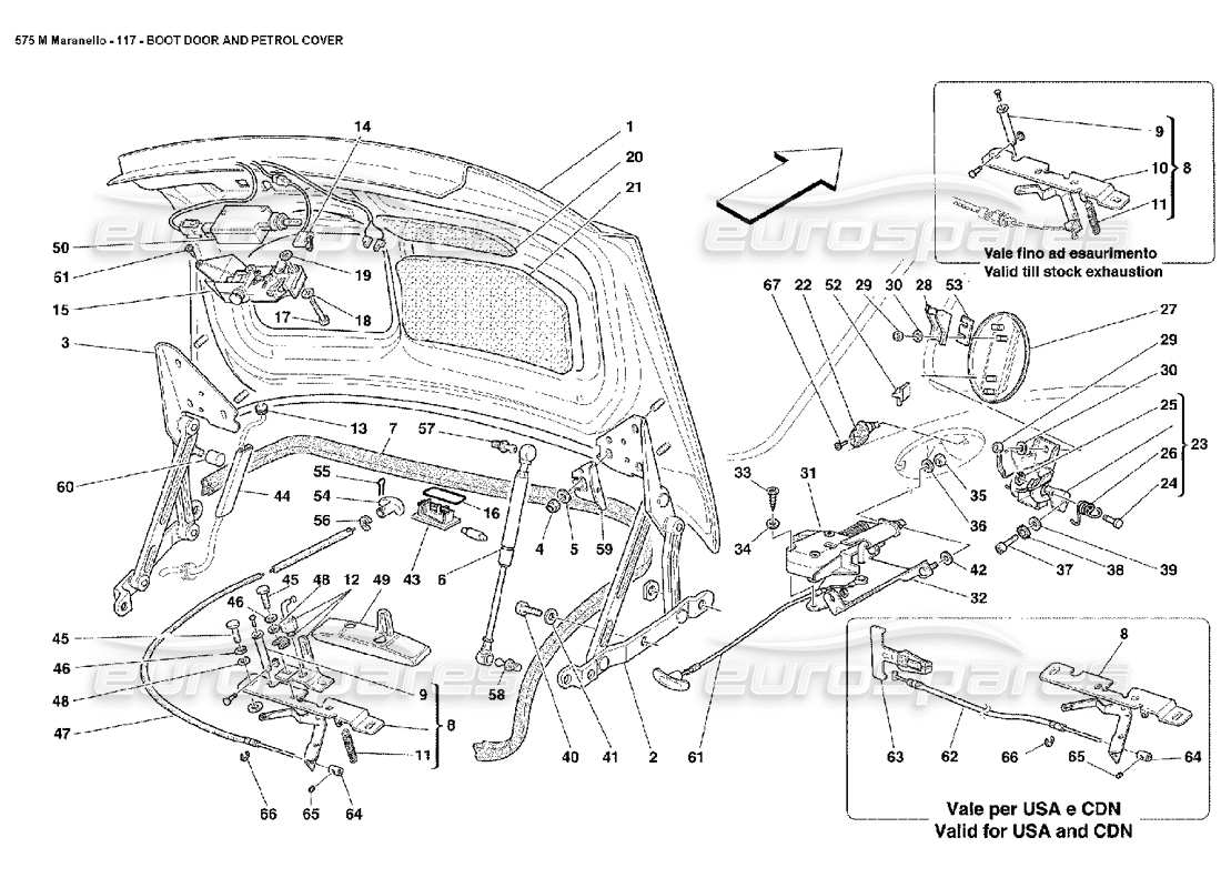 ferrari 575m maranello diagrama de piezas de la puerta del maletero y la cubierta de gasolina