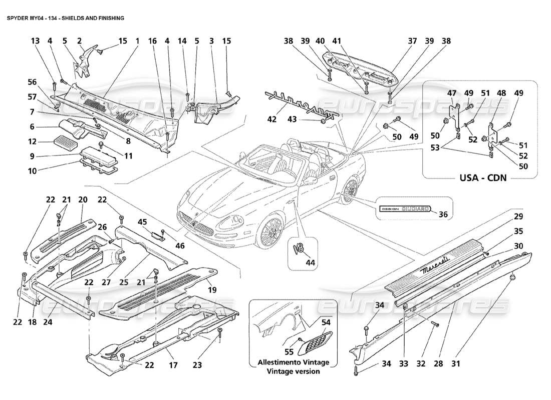 maserati 4200 spyder (2004) escudos y acabados diagrama de piezas
