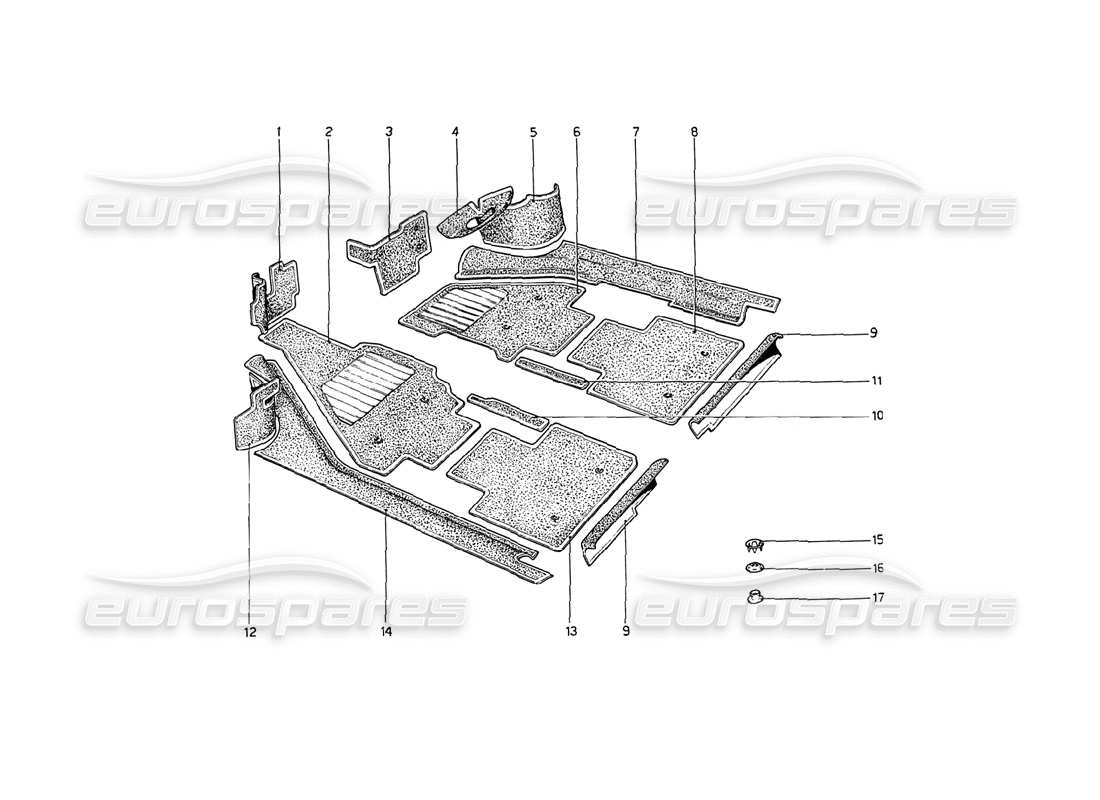 ferrari 208 gt4 dino (1975) diagrama de piezas de alfombras