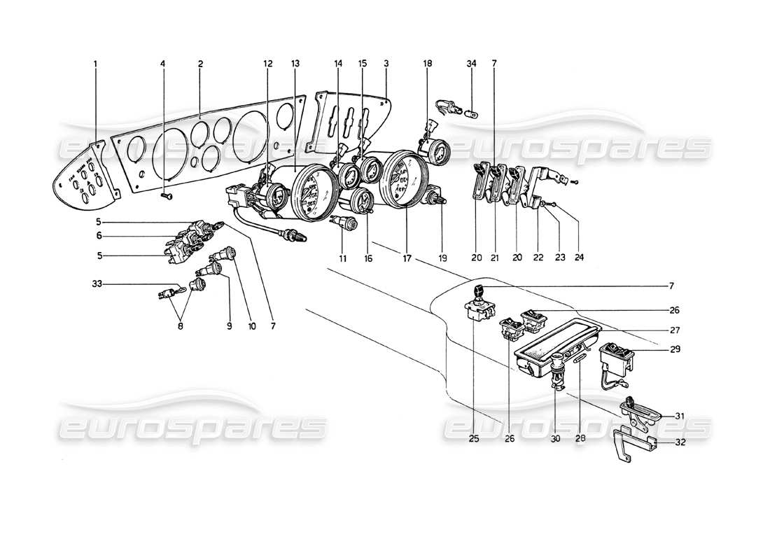 ferrari 208 gt4 dino (1975) instrumentos y accesorios diagrama de piezas