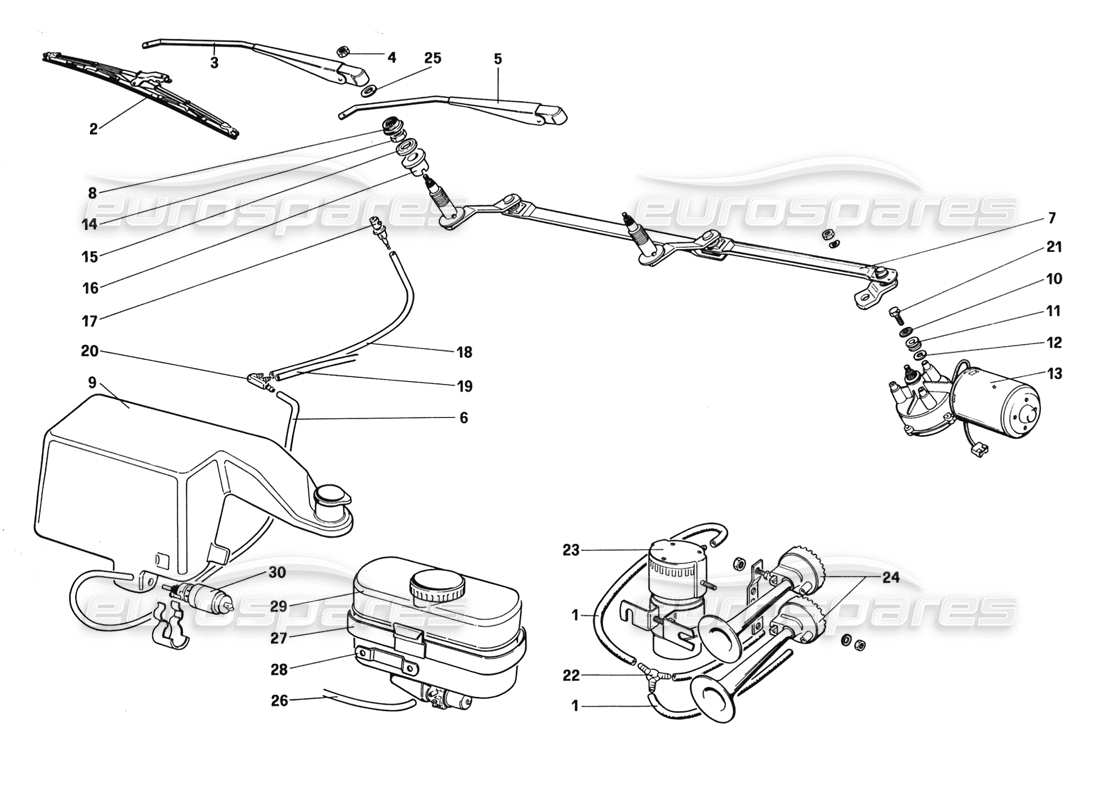 ferrari 328 (1988) diagrama de piezas del limpiaparabrisas, arandela y bocinas