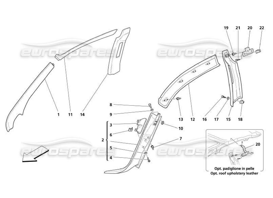 maserati 4200 coupe (2005) cubierta interior - cubierta de poste central y frontal - diagrama de piezas de cubierta de riel lateral