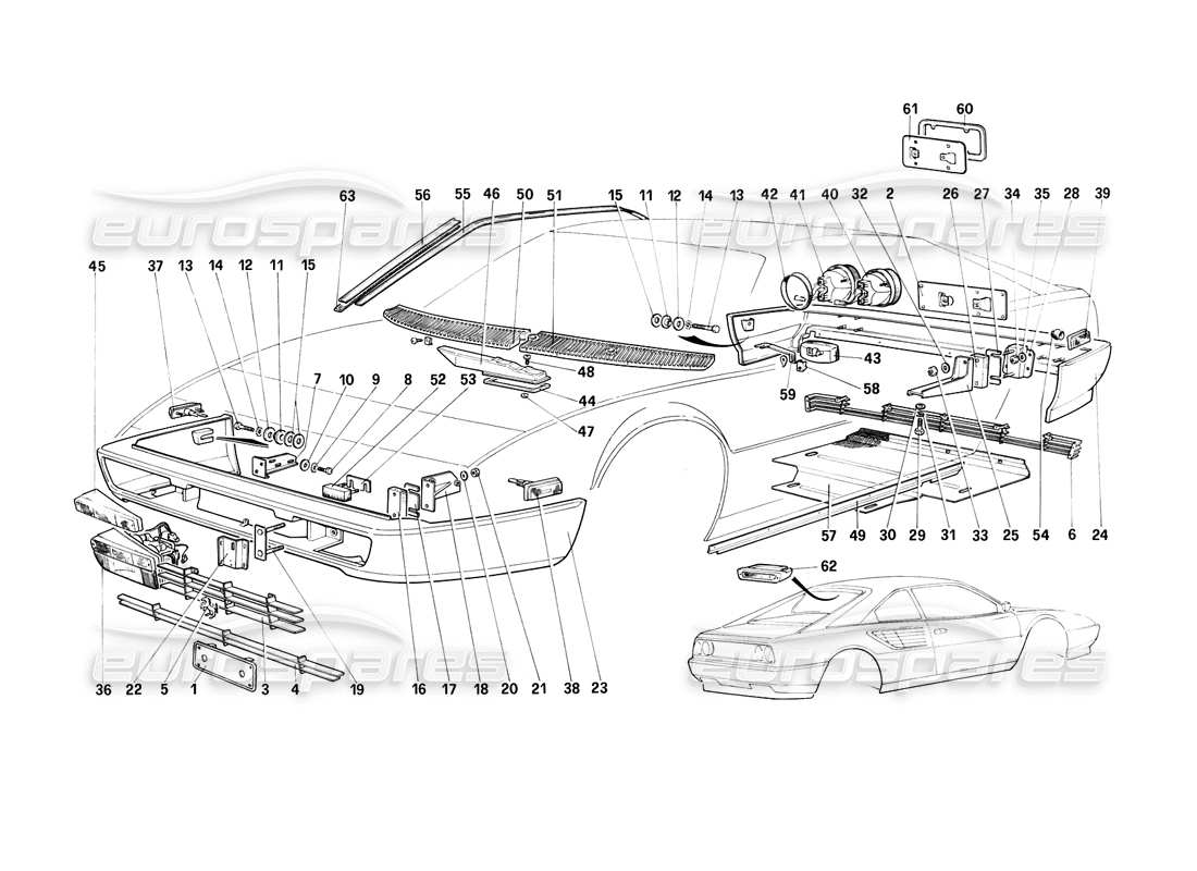 ferrari mondial 3.2 qv (1987) diagrama de piezas de parachoques, molduras y luces