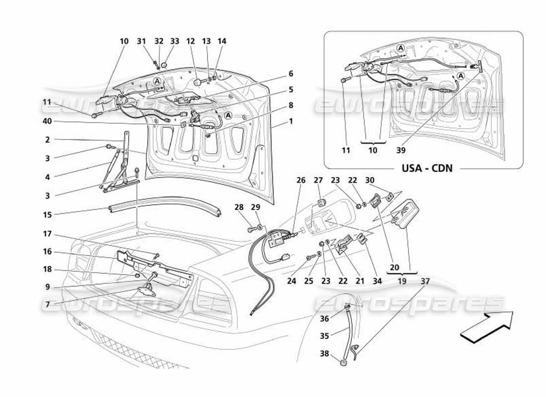maserati 4200 coupe (2005) diagrama de piezas del capó del maletero y de la puerta de gas