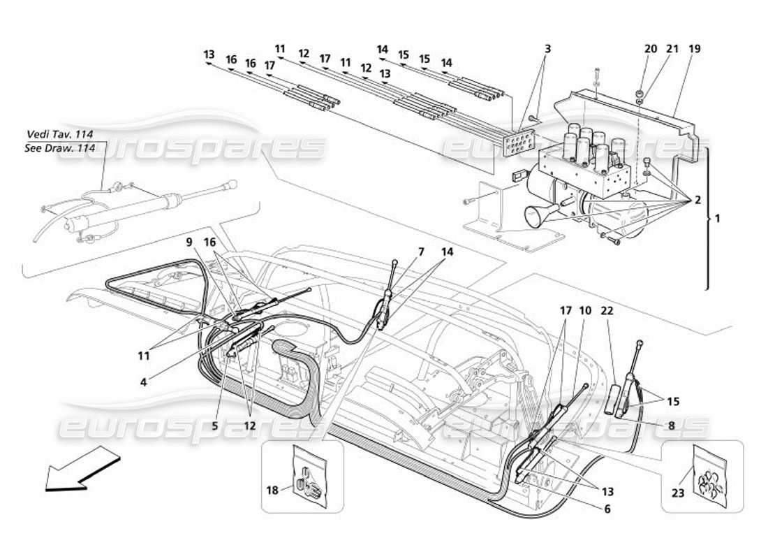 maserati 4200 spyder (2005) sistema hidráulico capote diagrama de piezas