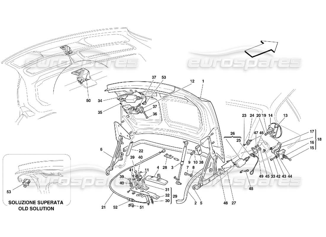 ferrari 456 gt/gta capó del maletero y funda de gasolina. diagrama de piezas