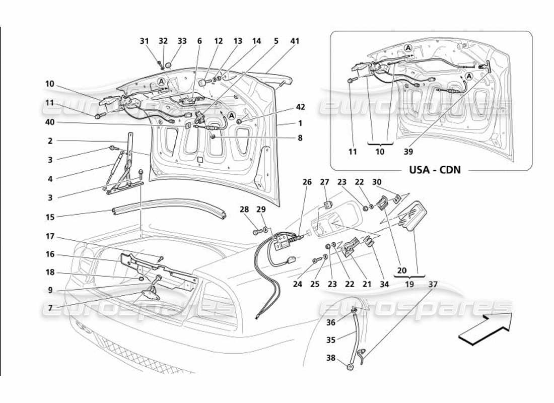 maserati 4200 gransport (2005) diagrama de piezas del capó del maletero y de la puerta de gas