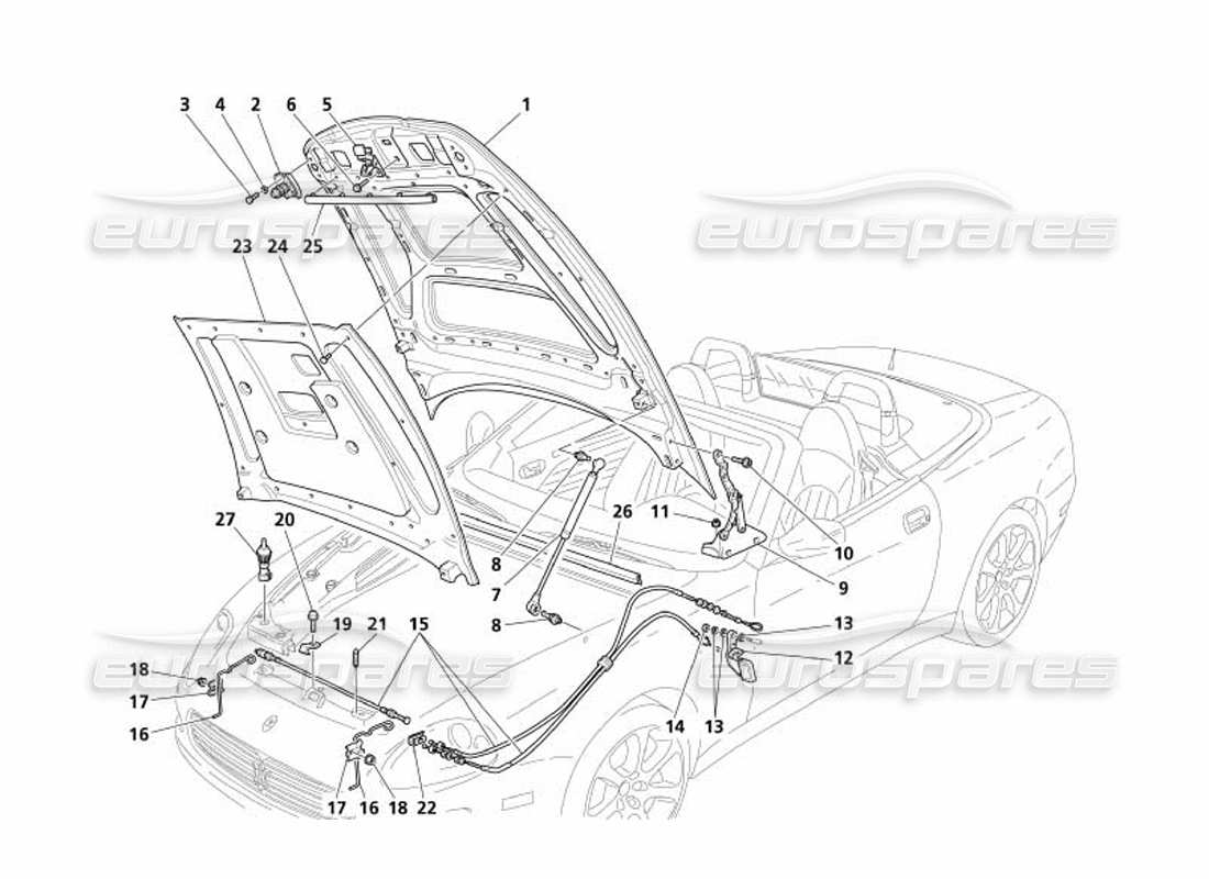 maserati 4200 spyder (2005) diagrama de piezas del capó del motor y del dispositivo de apertura