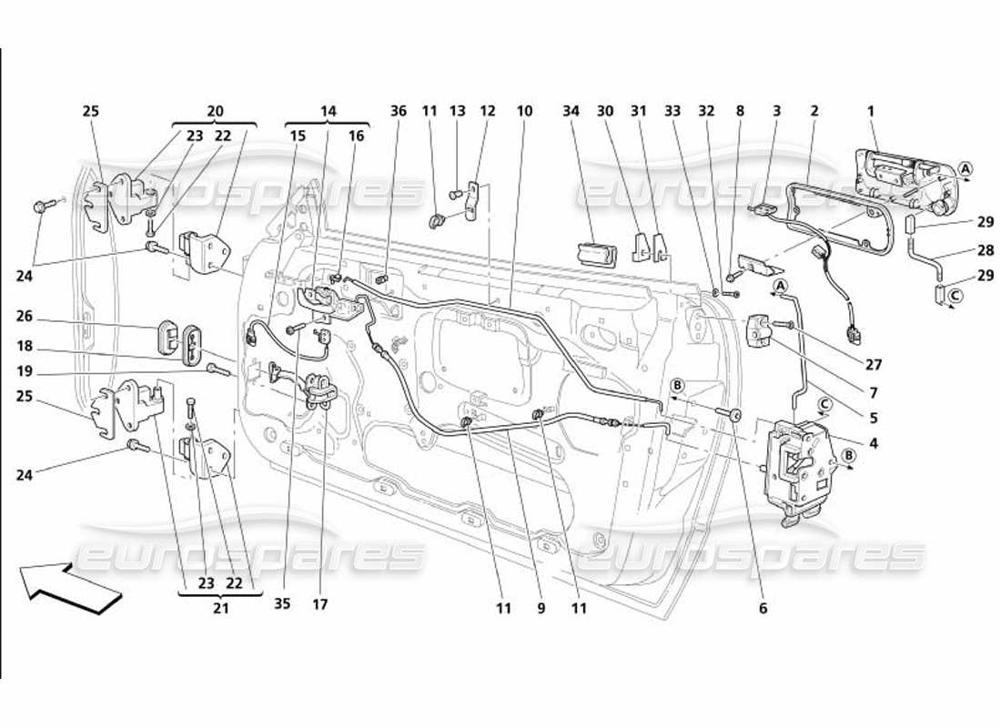maserati 4200 gransport (2005) puertas: diagrama de piezas de control de apertura y bisagras