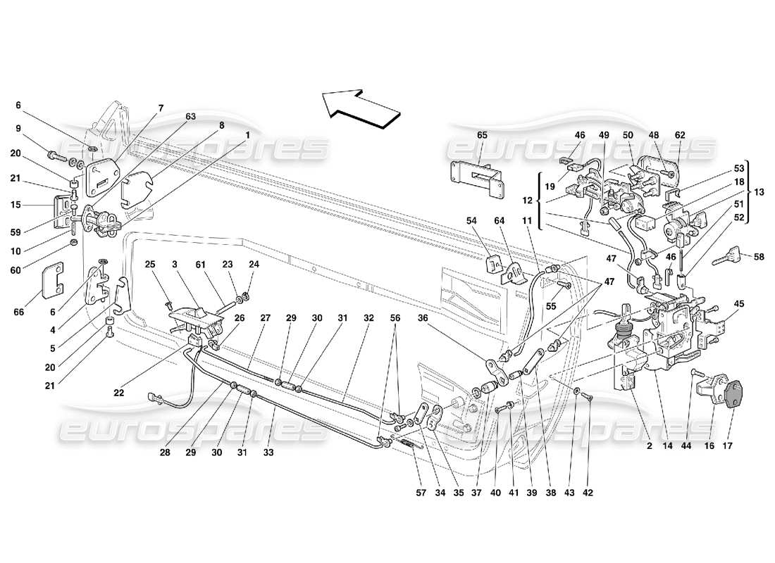 ferrari 456 gt/gta puertas - control de apertura y bisagras diagrama de piezas