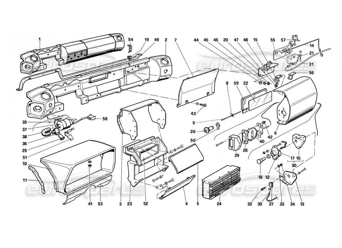 ferrari testarossa (1990) panel de control (no para la versión de ee. uu.) diagrama de piezas
