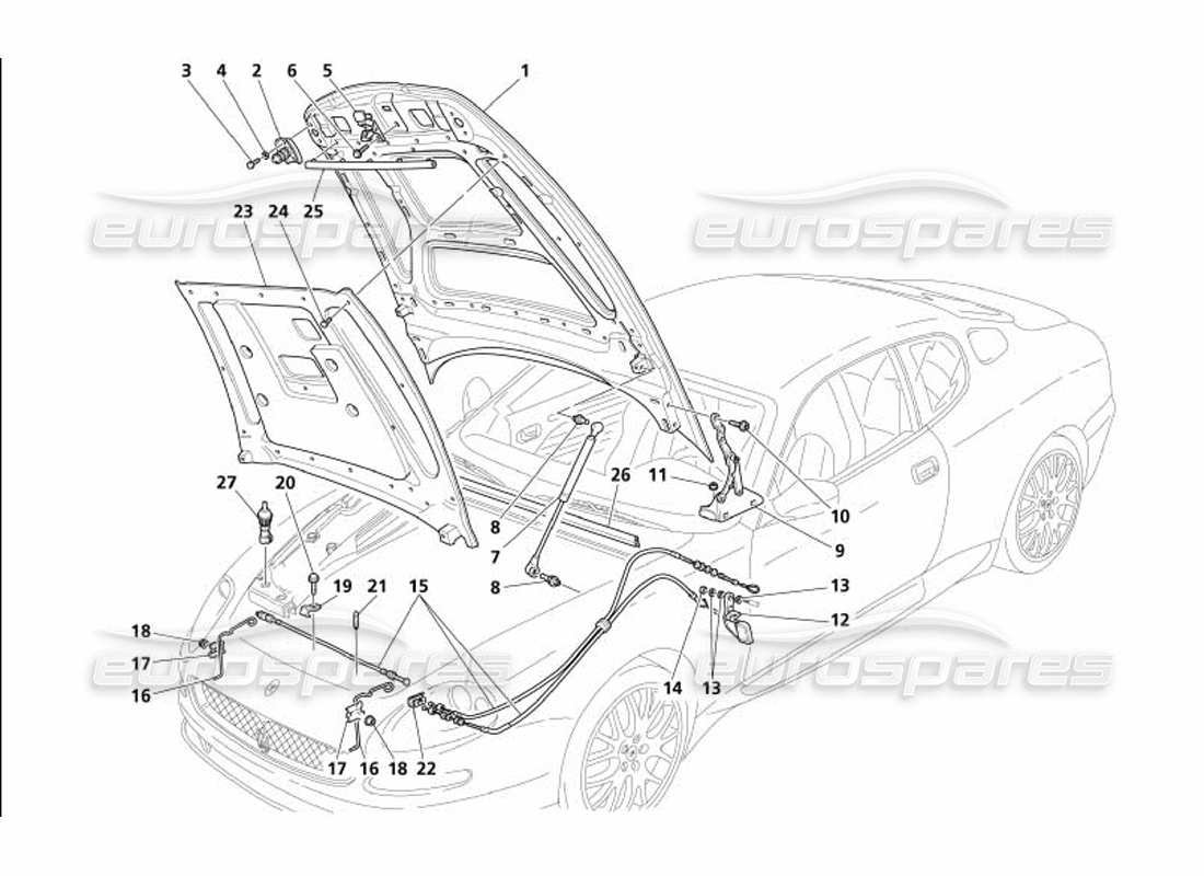 maserati 4200 gransport (2005) diagrama de piezas del capó del motor y del dispositivo de apertura