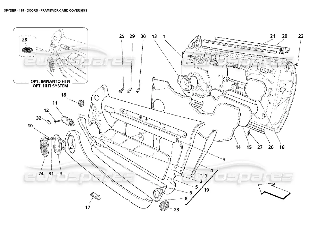 maserati 4200 spyder (2002) puertas - marcos y revestimientos diagrama de piezas