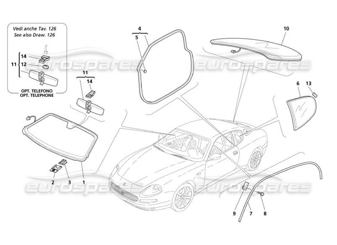 maserati 4200 coupe (2005) vidrios: diagrama de piezas de juntas y espejo retrovisor interior