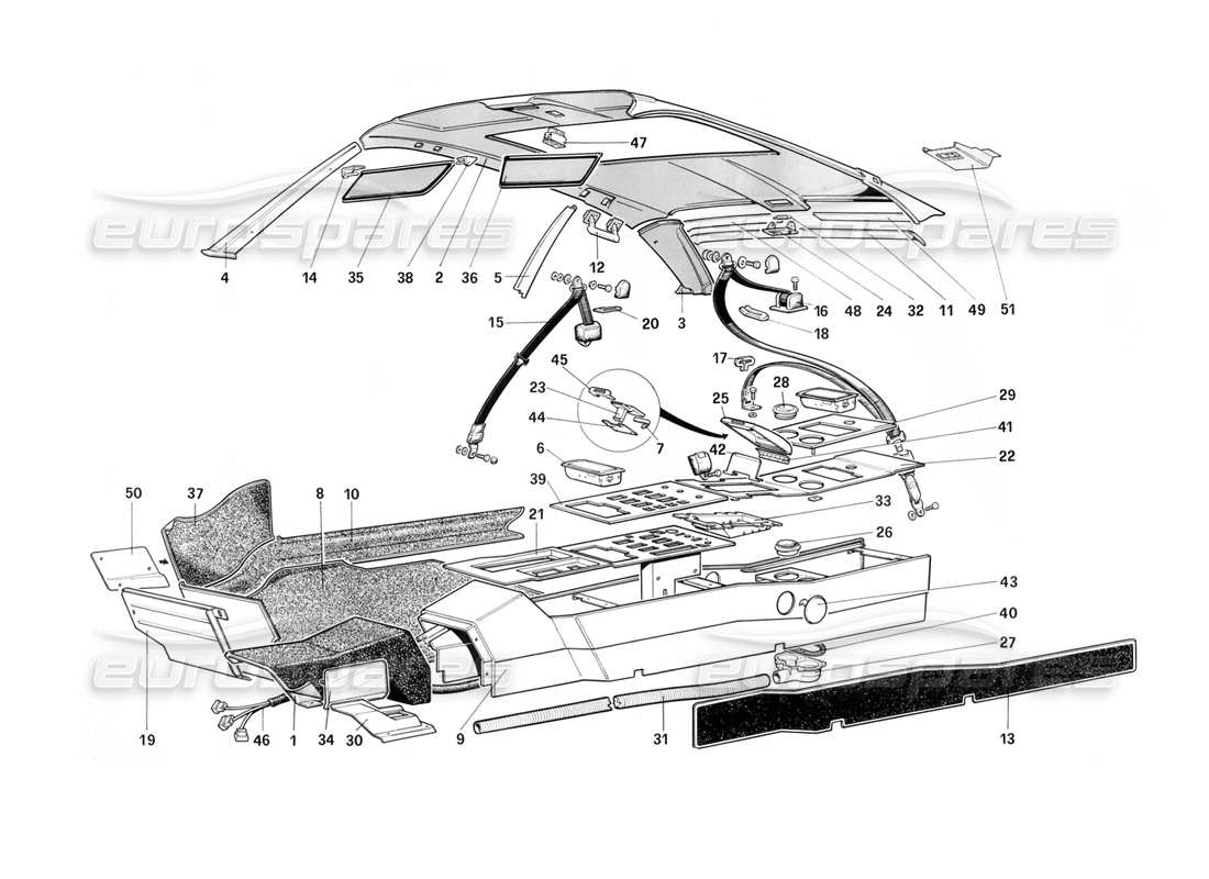 ferrari mondial 3.2 qv (1987) techo, túnel y cinturones de seguridad: diagrama de piezas 3.2 mondial coupe