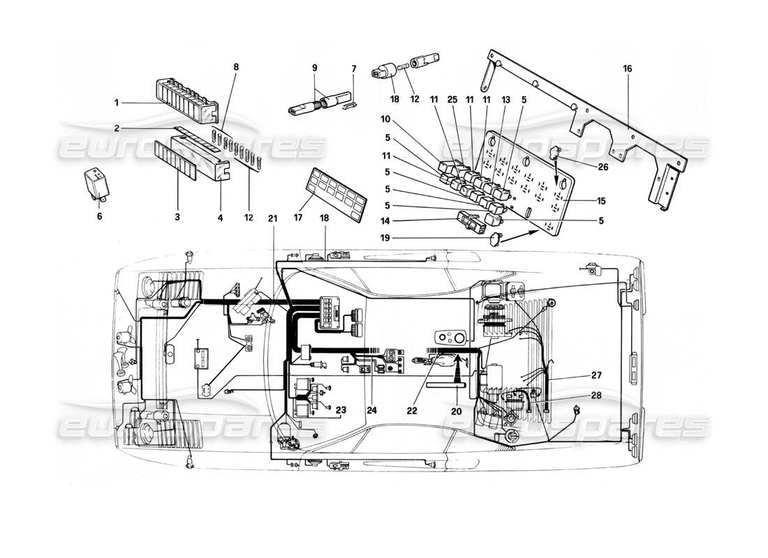 ferrari 208 turbo (1982) sistema eléctrico: diagrama de piezas de cables, fusibles y relés