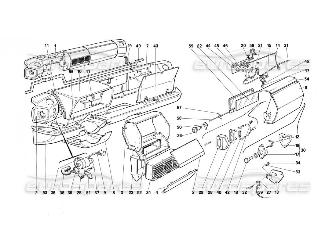 ferrari testarossa (1990) panel de control (para la versión de ee. uu.) diagrama de piezas