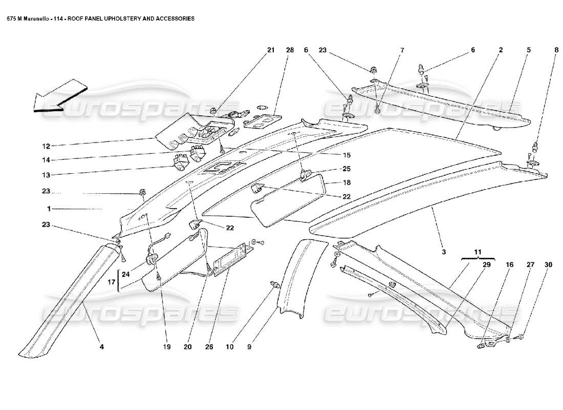 ferrari 575m maranello diagrama de piezas de tapicería y accesorios del panel del techo